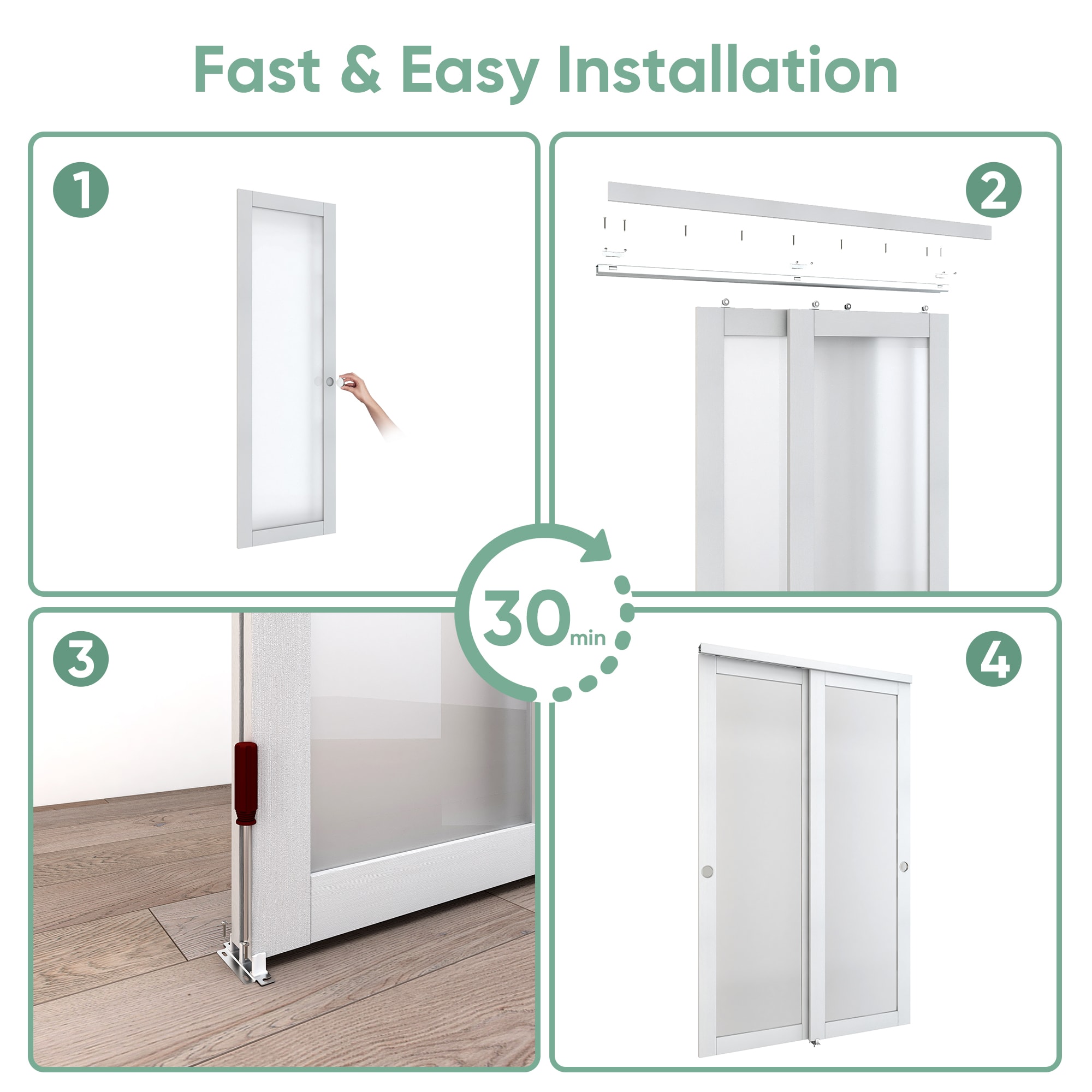 60'' X 80'' 1-Lite Tempered Frosted Glass Wood Double Bypass Sliding Closet Doors With Installation Hardware Kit_voghion.com